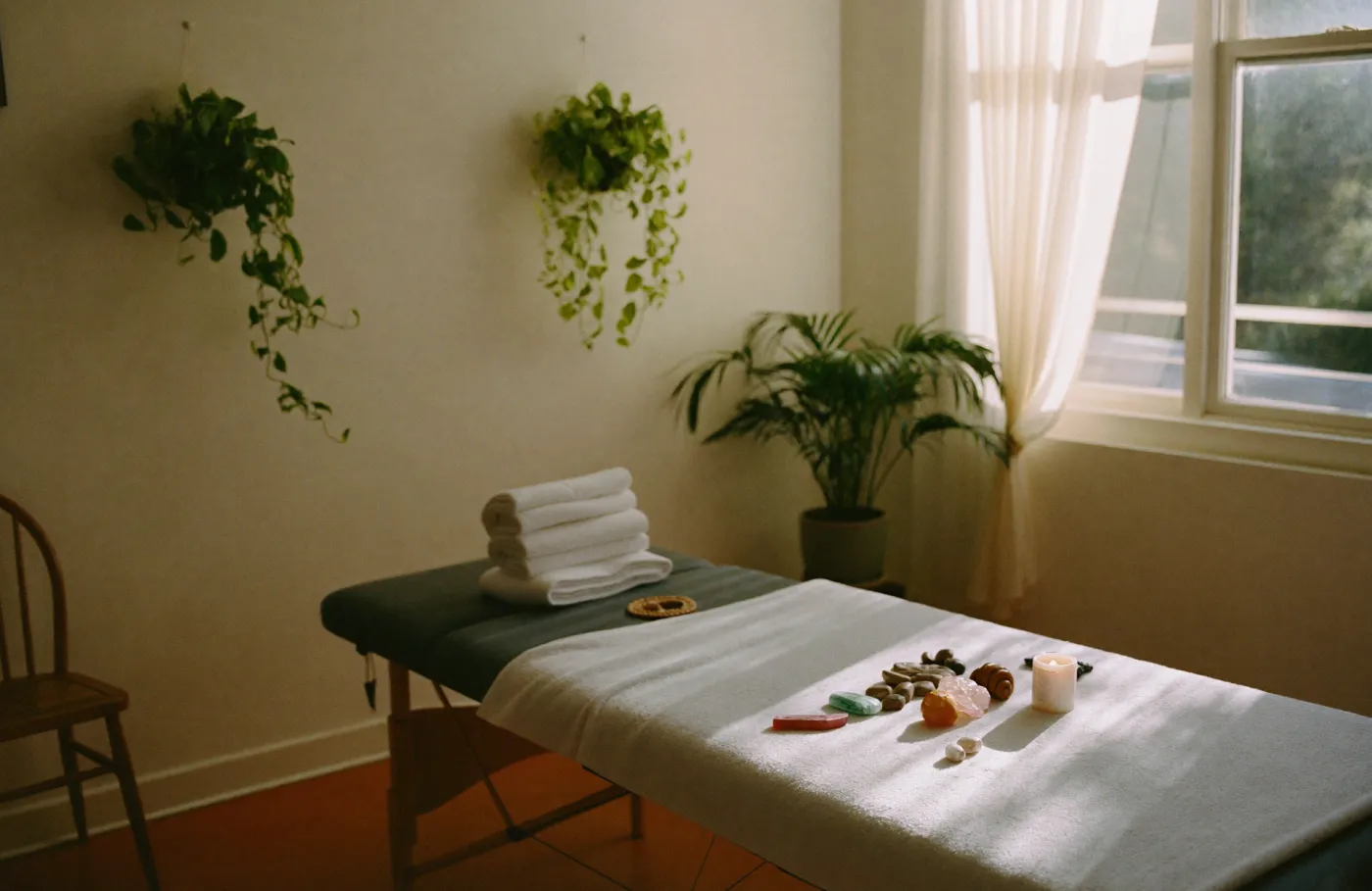 A sunlit treatment room with a massage table, folded towels, crystals and hanging plants