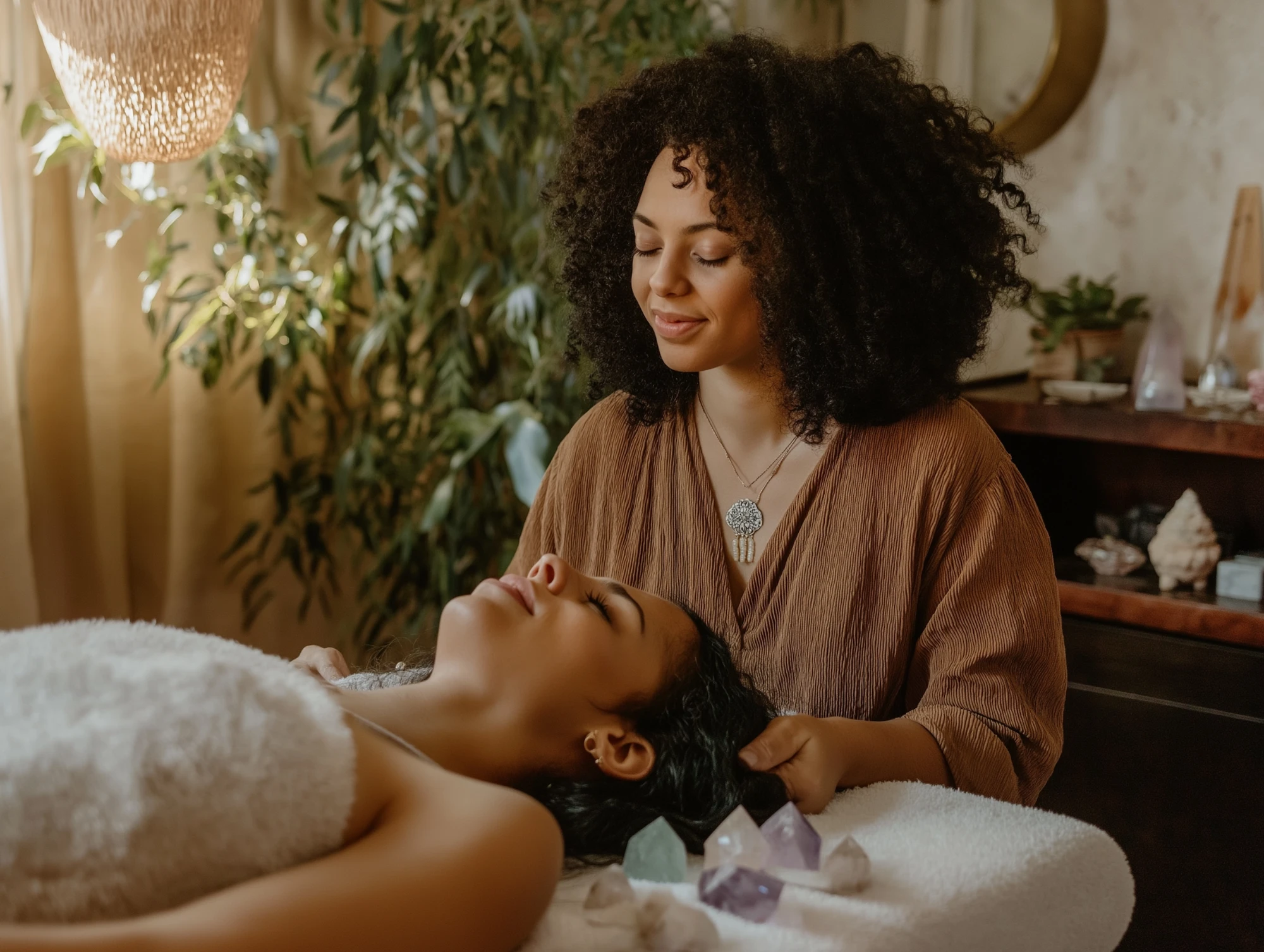 A holistic practitioner giving a calm head massage to a client lying on a treatment table